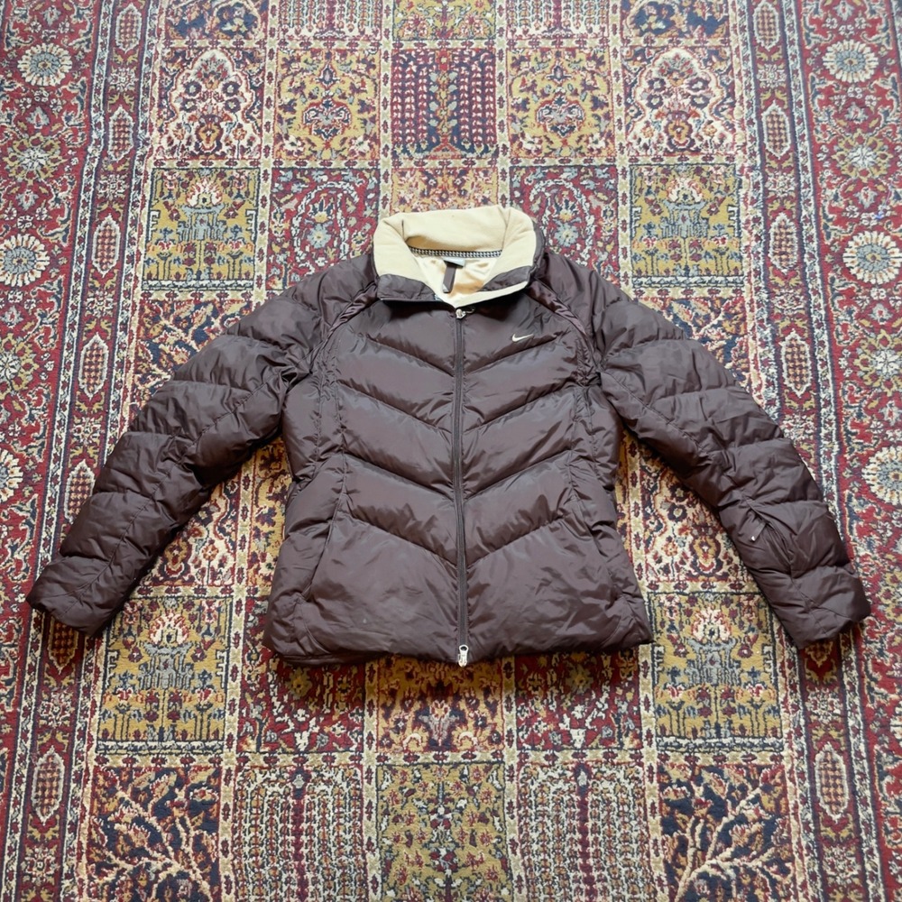 VTG 00s Nike Down Fill Puffer Jacket Brown Earth Tone Zip Up Swoosh Logo M quilt